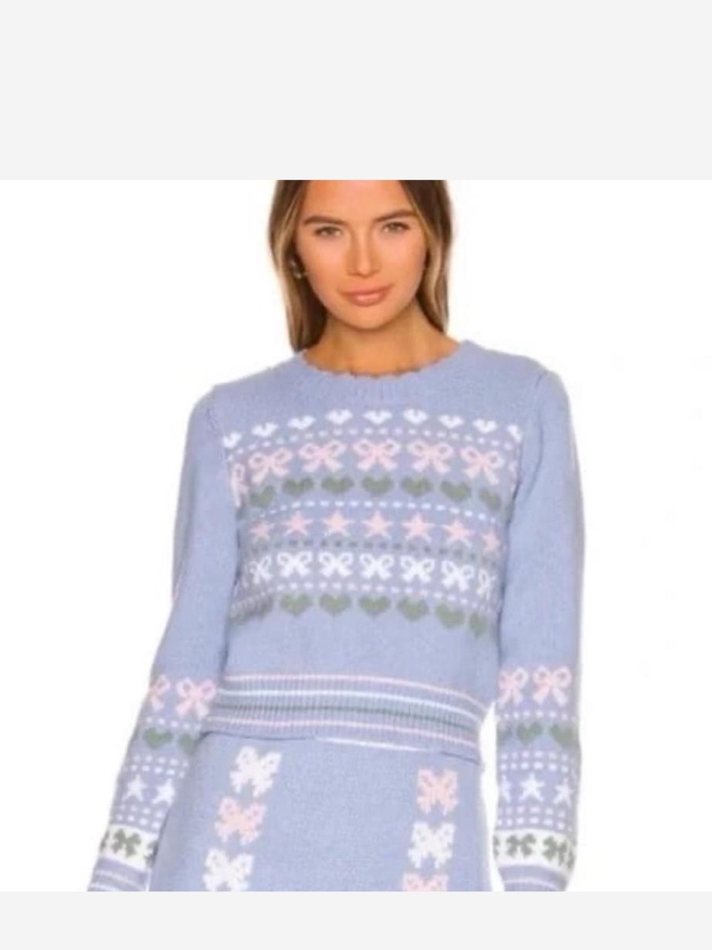 LoveShackFancy Pastel Blue Fair Isle Crewneck Sweater with Pink & Green Accents